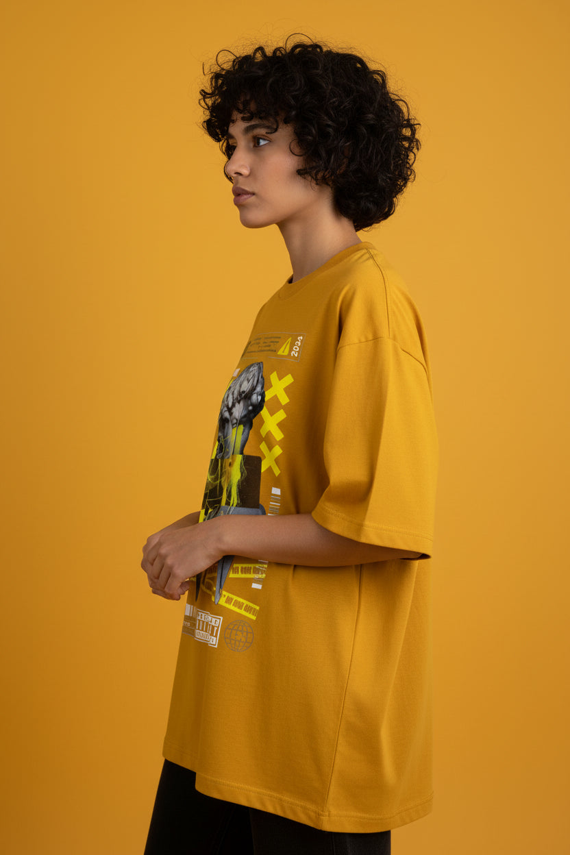 ZotRage golden yellow heavyweight cotton oversized t-shirt with graphic statue print and streetwear design