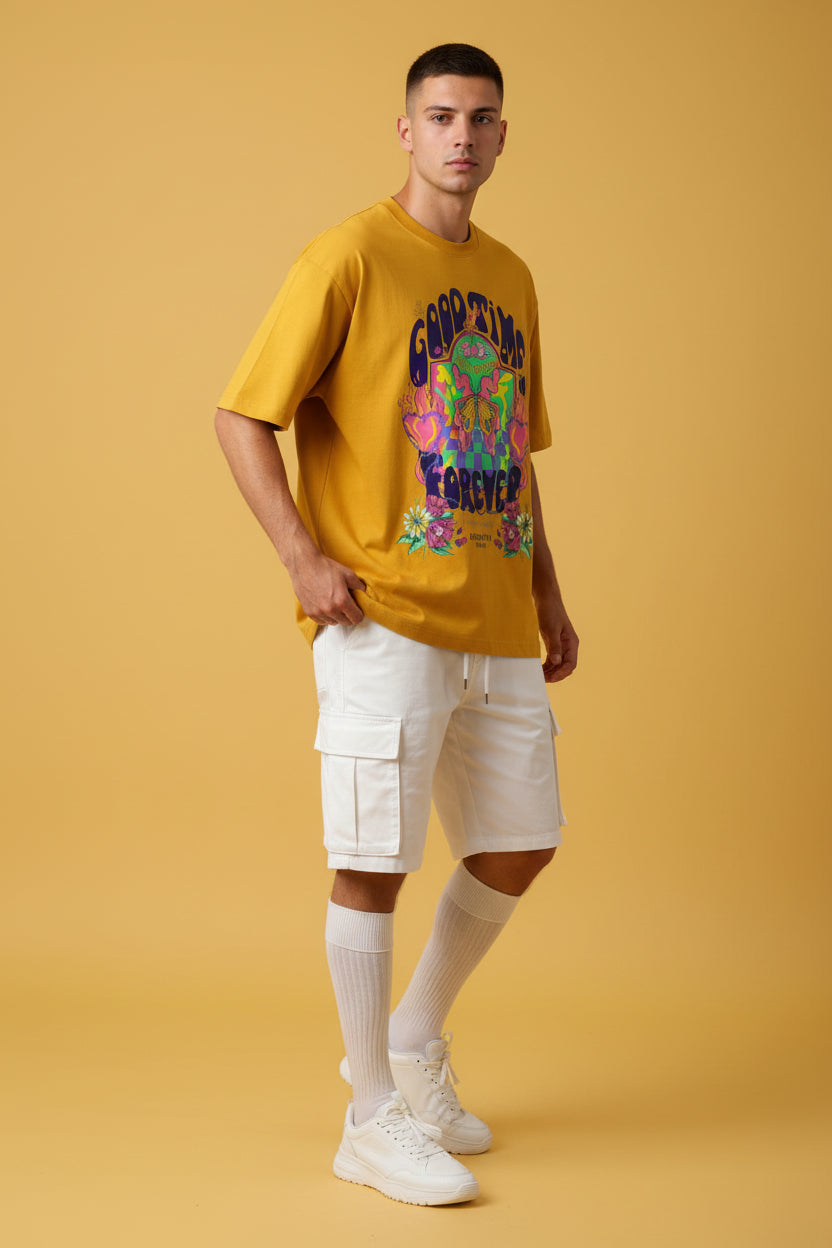 ZotRage golden yellow heavyweight cotton oversized t-shirt with Goodtime Forever psychedelic graphic print