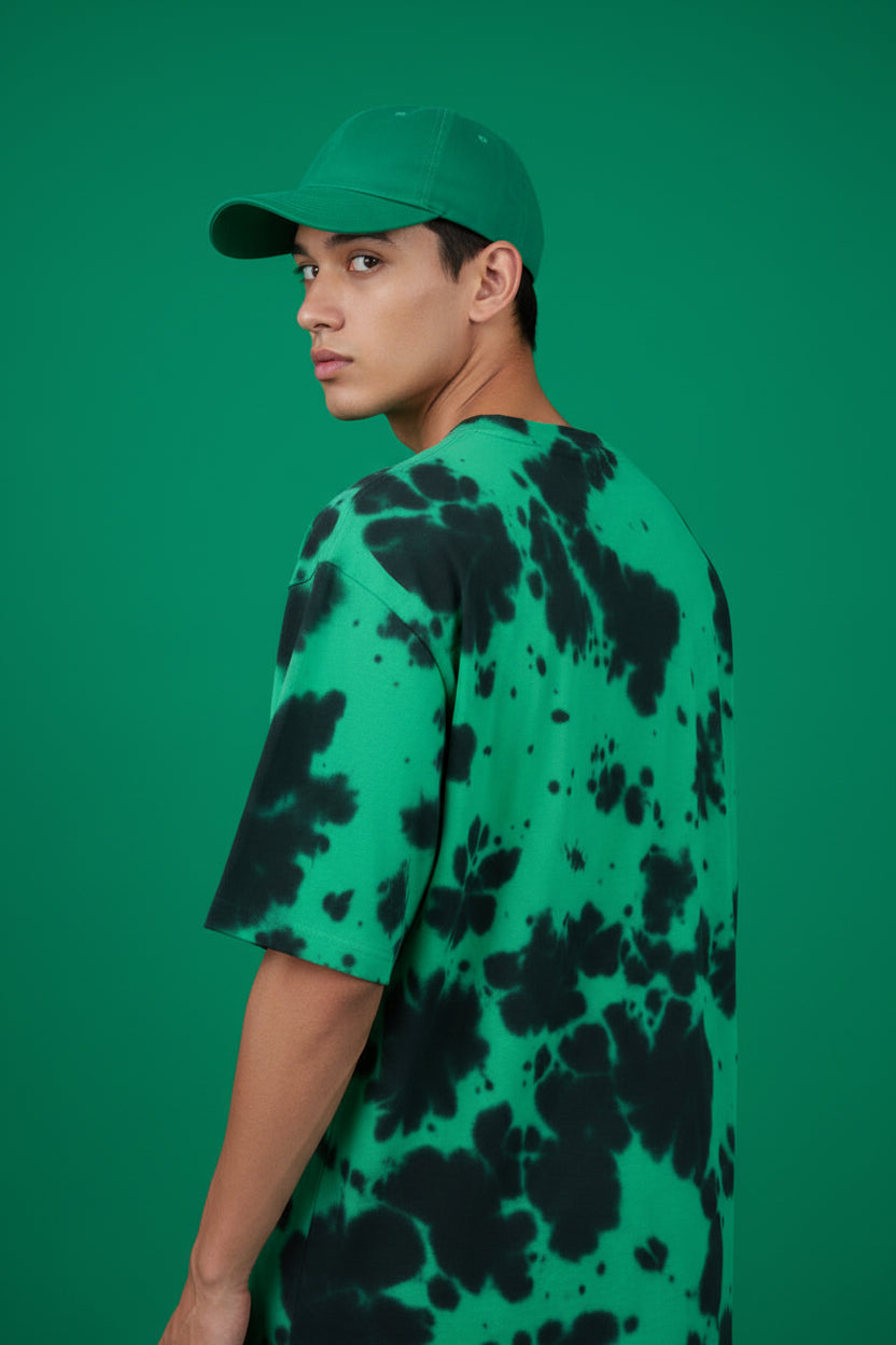 ZotRage oversized unisex t-shirt in green and black tie-dye pattern made from soft cotton blend fabric