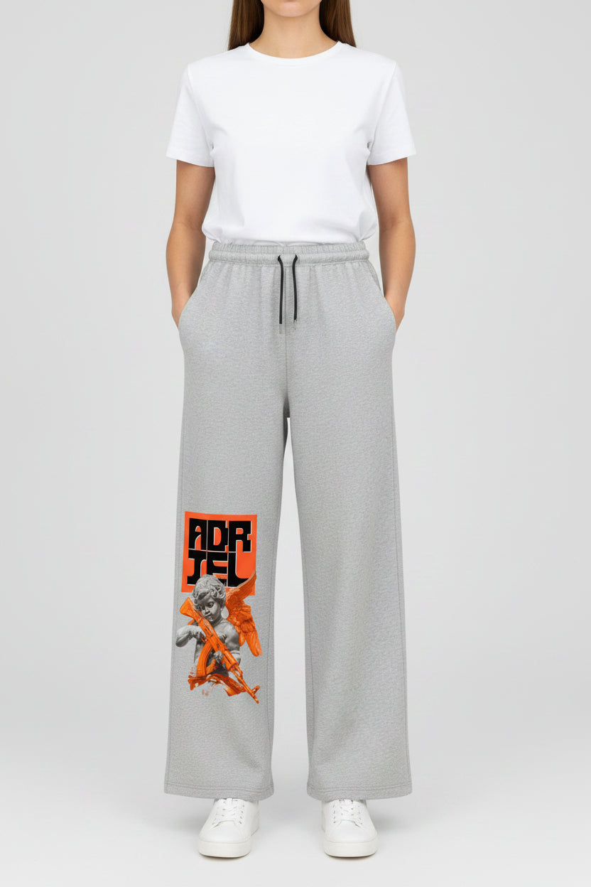 ZotRage grey cotton joggers featuring a graphic print of a cherub holding an orange rifle on the left leg