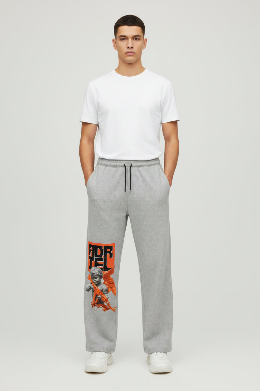 ZotRage grey cotton joggers featuring a graphic print of a cherub with an orange rifle and bold black text.