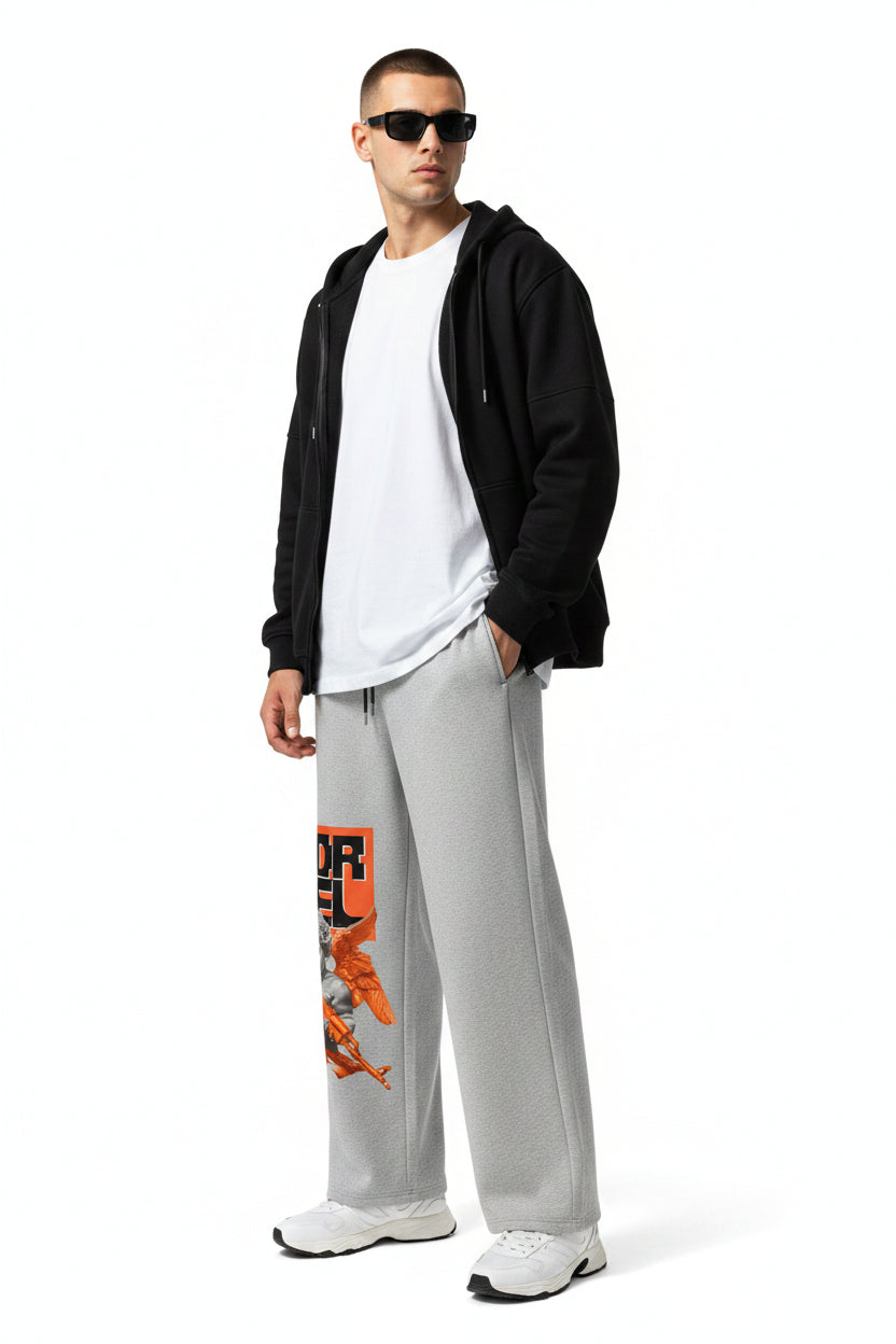 ZotRage grey cotton joggers featuring a graphic print of a cherub with an orange rifle on the leg