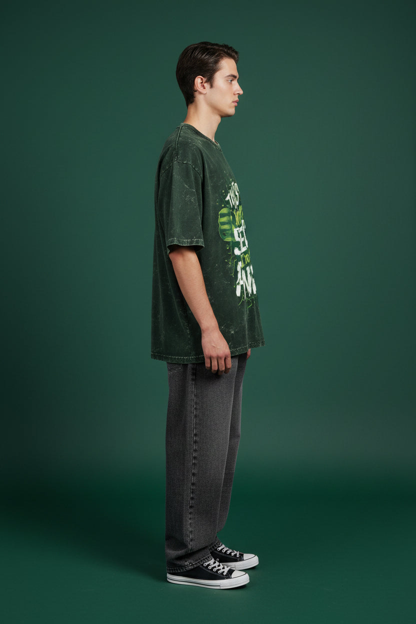 ZotRage green acid-washed oversized cotton t-shirt featuring a Hulk graphic with the text That's My Secret I'm Angry