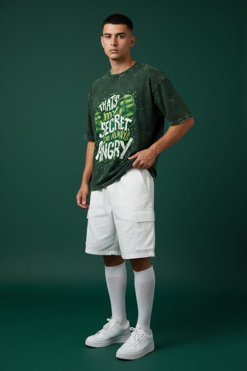 ZotRage green acid-washed oversized cotton t-shirt featuring a Hulk graphic with the text That's My Secret I'm Angry