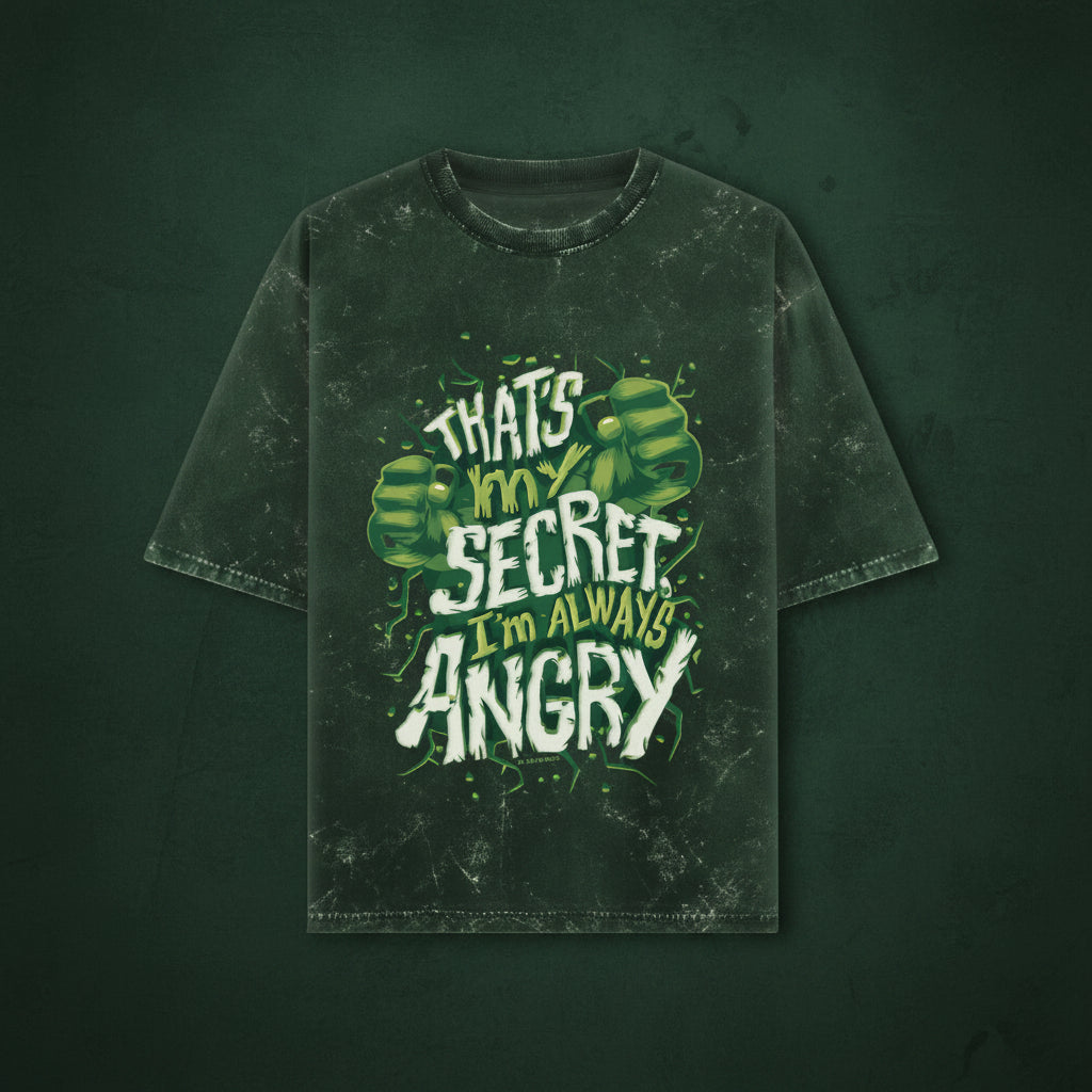 ZotRage green acid-washed oversized cotton t-shirt featuring Hulk graphic and That's My Secret I'm Always Angry text