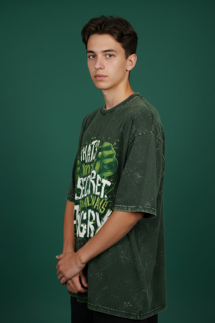 ZotRage green acid-washed oversized cotton t-shirt featuring a Hulk graphic with the text That's My Secret I'm Angry