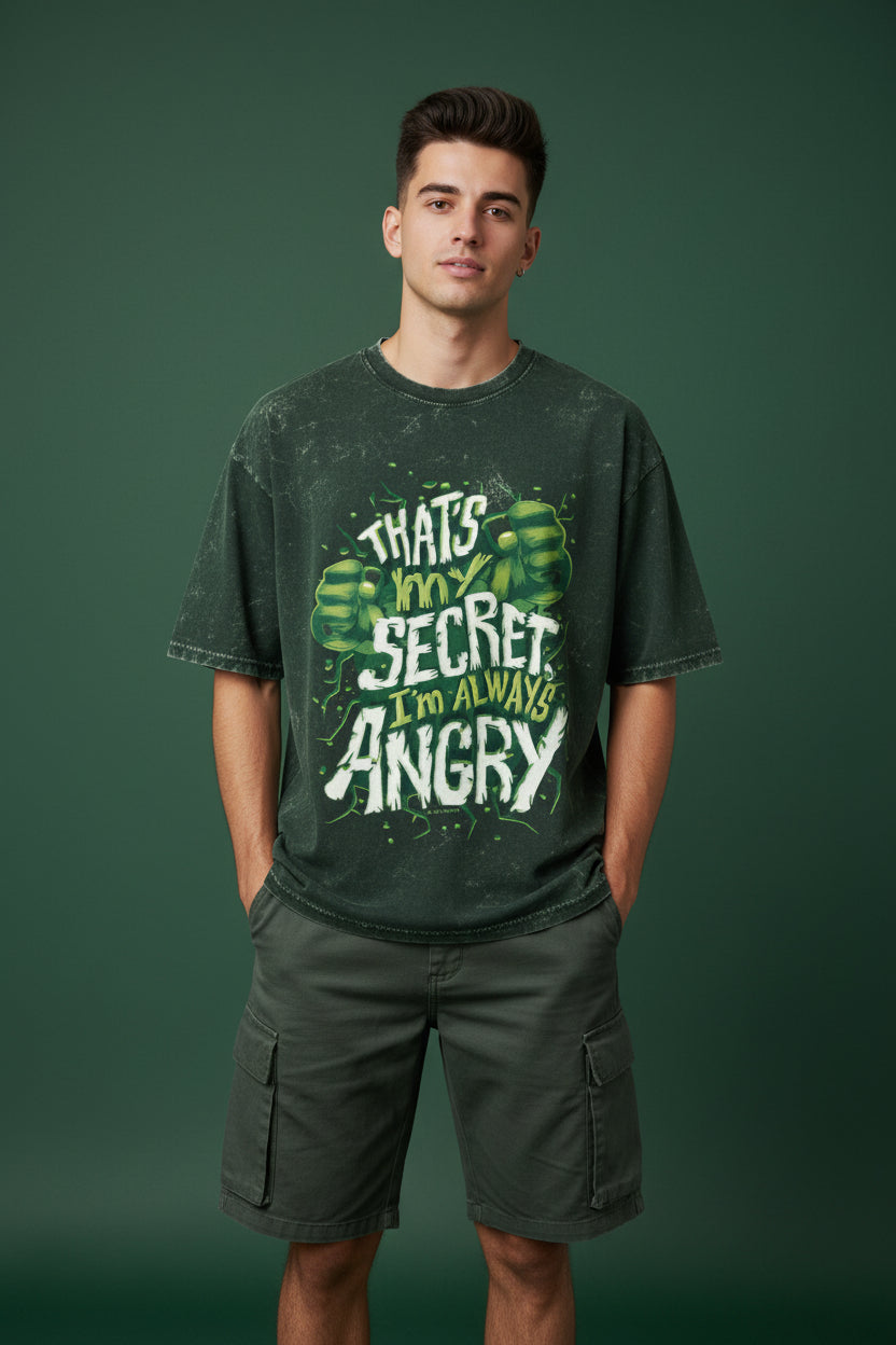 ZotRage green acid-washed oversized cotton t-shirt featuring a Hulk graphic with the text That's My Secret I'm Angry