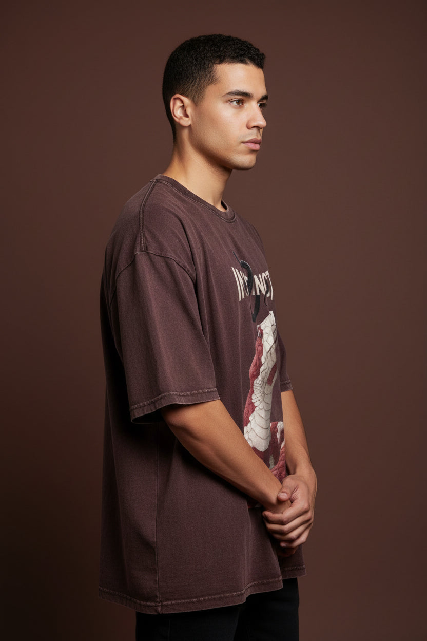 ZotRage Instinct oversized cotton t-shirt in dark acid-washed burgundy with a red snake graphic print