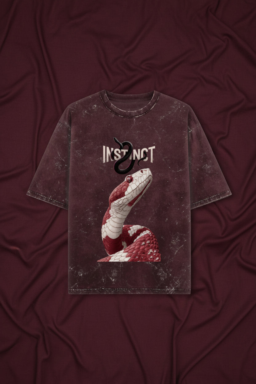 ZotRage Instinct oversized cotton t-shirt in dark acid-washed maroon with a red snake graphic print