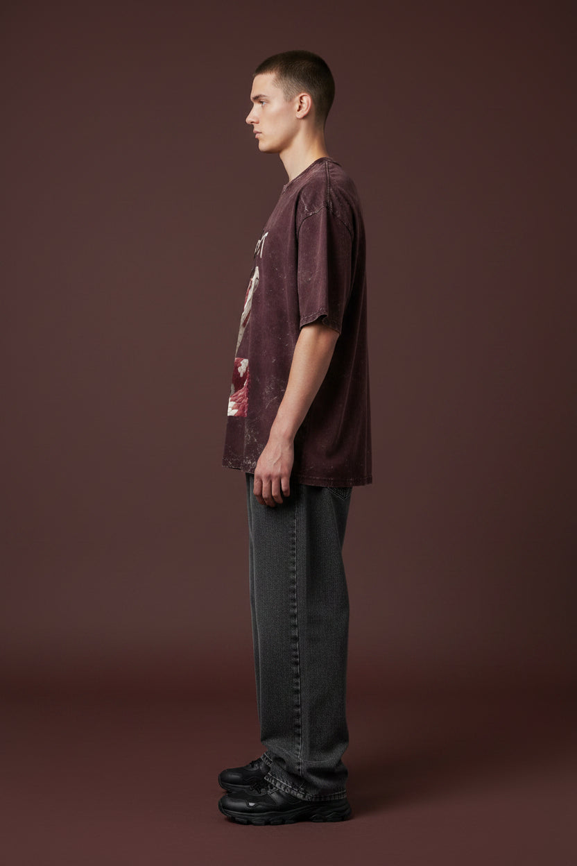 ZotRage Instinct oversized cotton t-shirt in dark acid-washed maroon with a red snake graphic and text print.