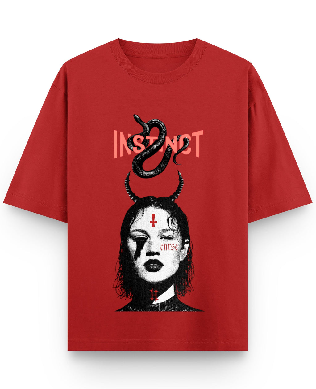 ZotRage Instinct red oversized streetwear t-shirt featuring a graphic print of a woman with horns and a snake.