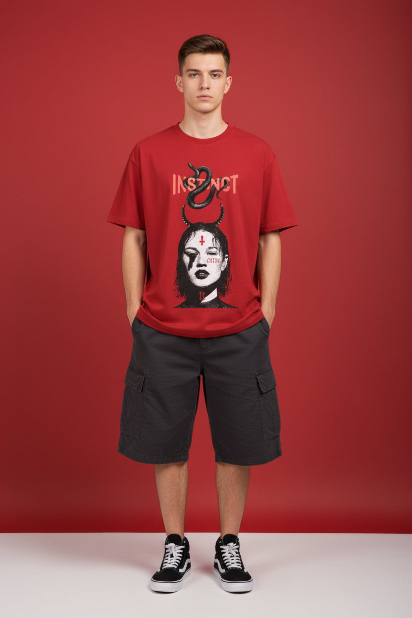 ZotRage Instinct red oversized streetwear t-shirt featuring a graphic print of a woman with horns and a snake.