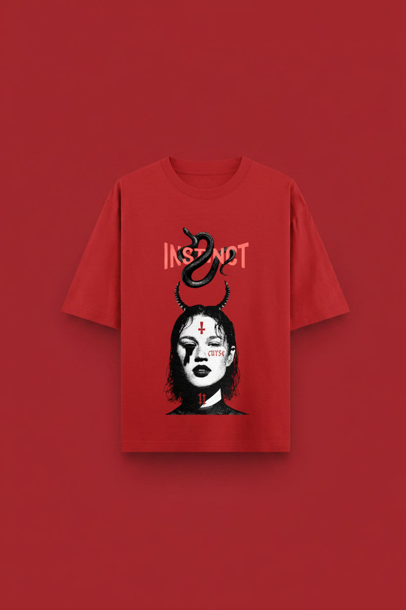 ZotRage Instinct red oversized streetwear t-shirt featuring a graphic print of a woman with horns and a snake.
