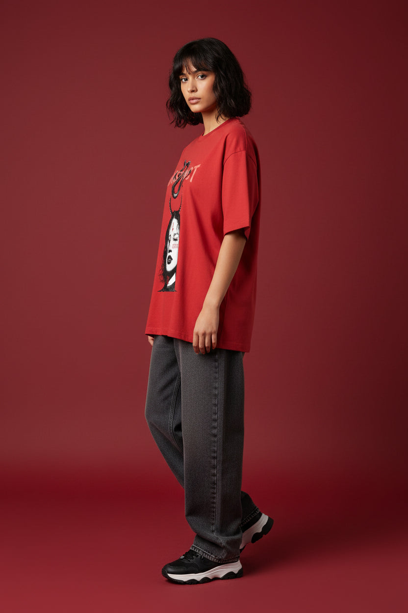 ZotRage Instinct red oversized streetwear t-shirt featuring a graphic print of a woman with horns and a snake.