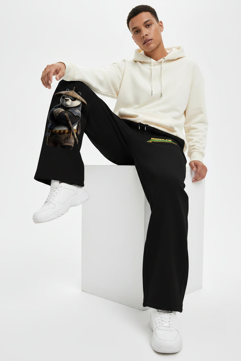 ZotRage black cotton joggers featuring a Kung Fu Panda Po graphic and logo on the leg with a drawstring waist