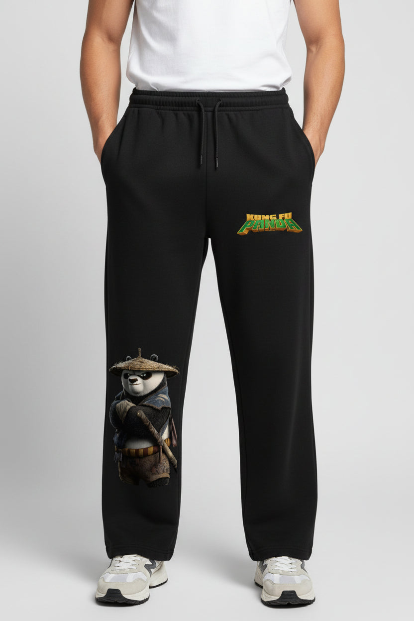 ZotRage black cotton joggers featuring a Kung Fu Panda graphic print with Po wearing a straw hat