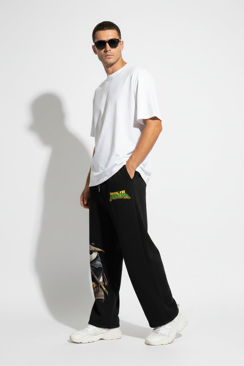 ZotRage black cotton joggers featuring a Kung Fu Panda graphic print with Po wearing a straw hat