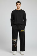 ZotRage black cotton joggers featuring a Kung Fu Panda graphic print with Po wearing a straw hat