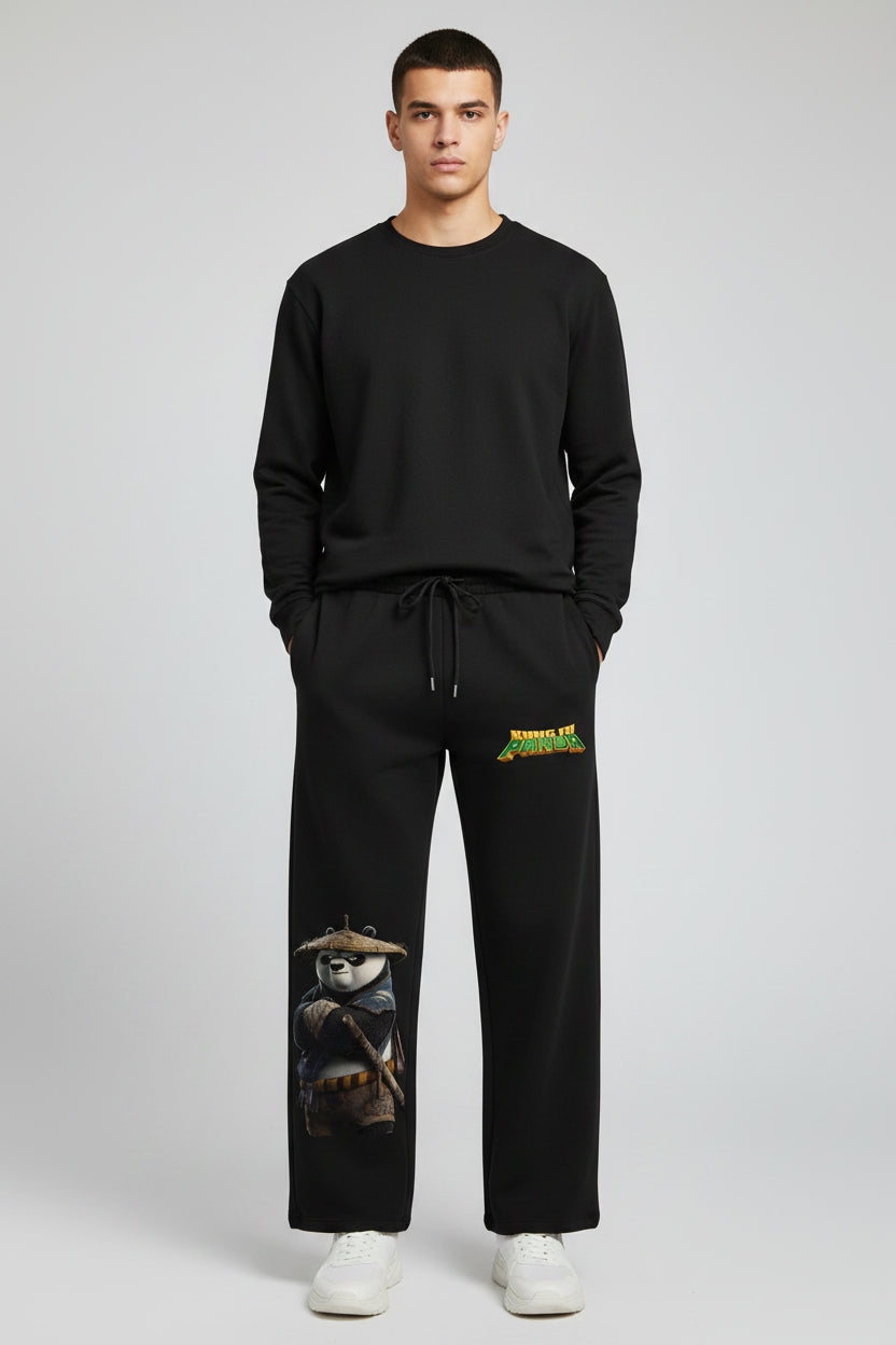 ZotRage black cotton joggers featuring a Kung Fu Panda graphic print with Po wearing a straw hat