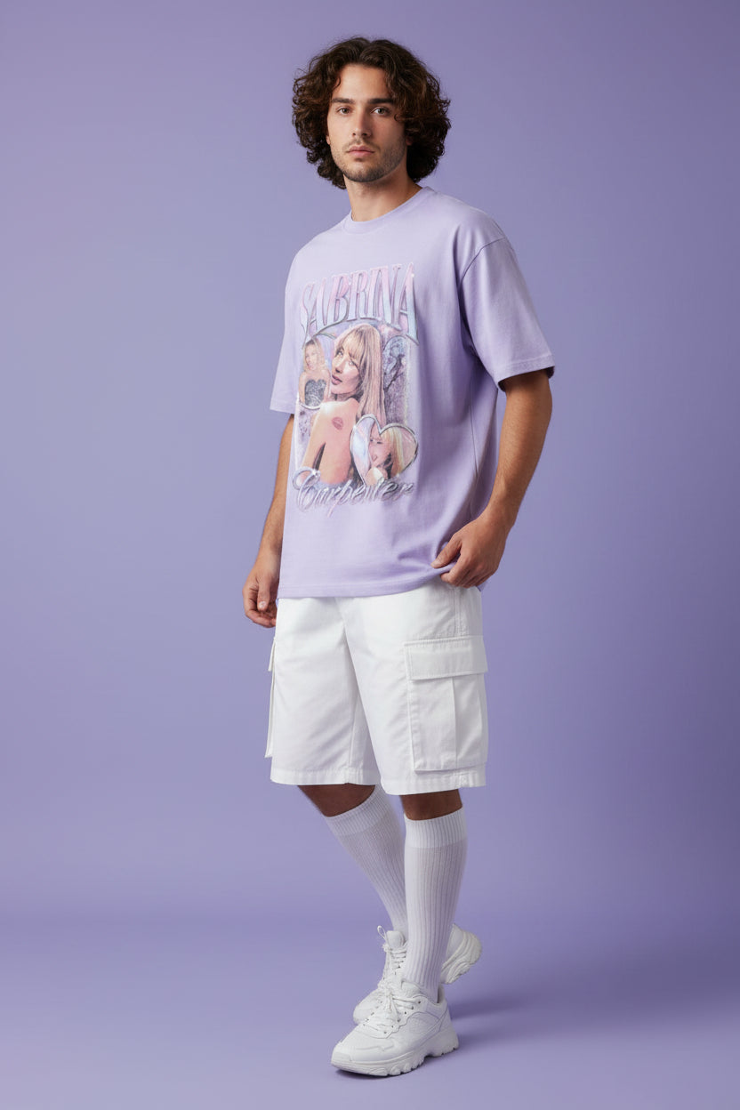 ZotRage lavender oversized cotton t-shirt featuring a vintage-style Sabrina Carpenter graphic print.