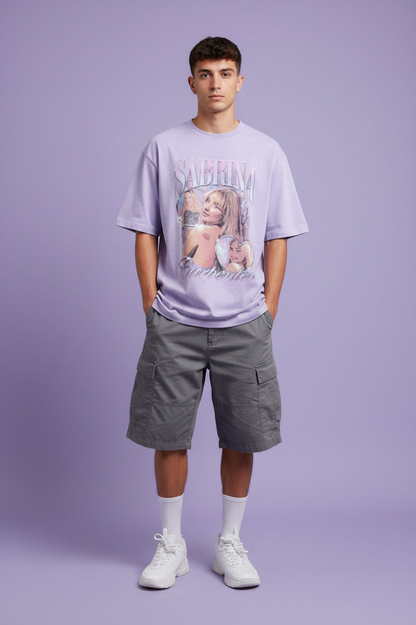 ZotRage lavender oversized cotton t-shirt featuring a Sabrina Carpenter graphic print with a slouchy unisex fit.