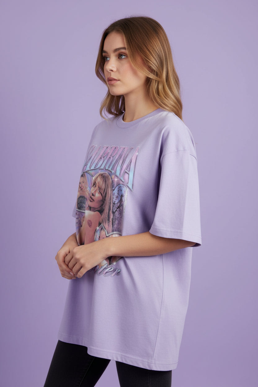 ZotRage lavender oversized cotton t-shirt featuring a vintage-style Sabrina Carpenter graphic print.