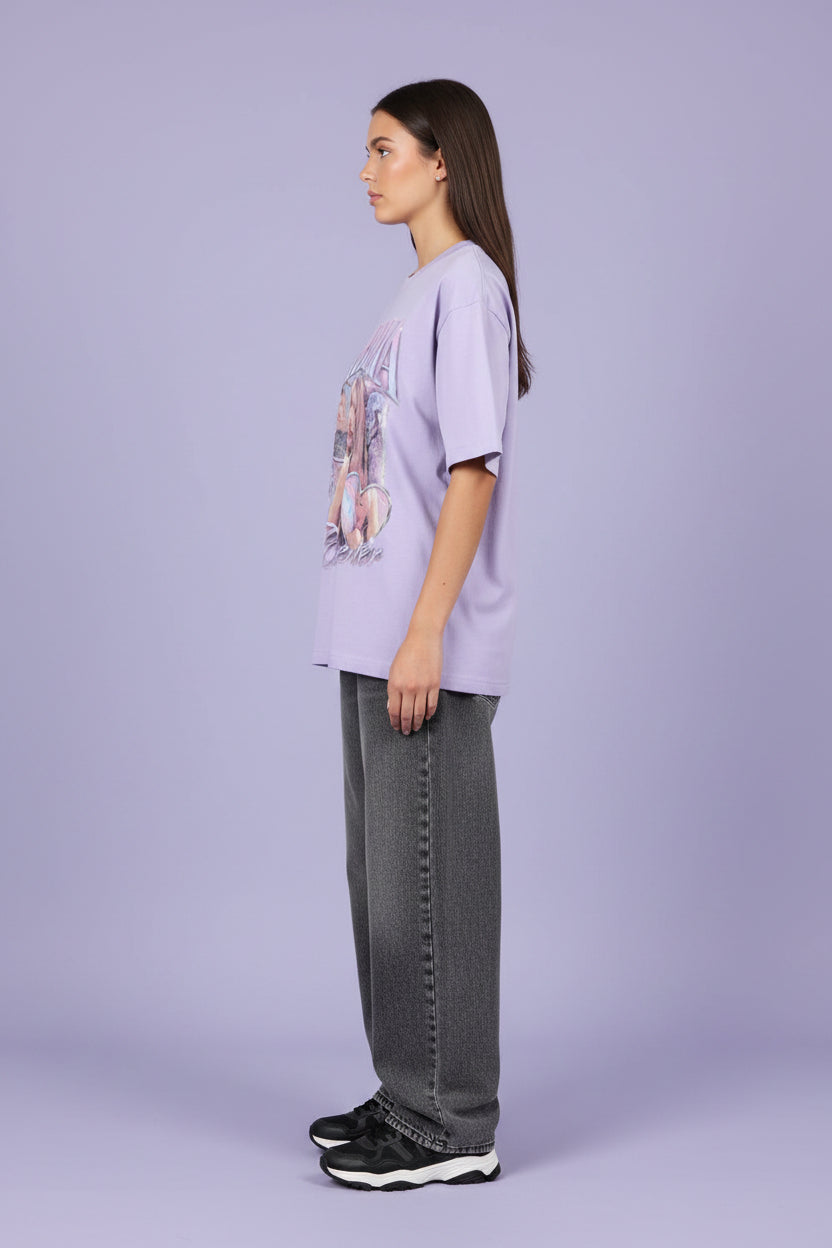 ZotRage lavender oversized cotton t-shirt featuring a Sabrina Carpenter graphic print with heart and star motifs.