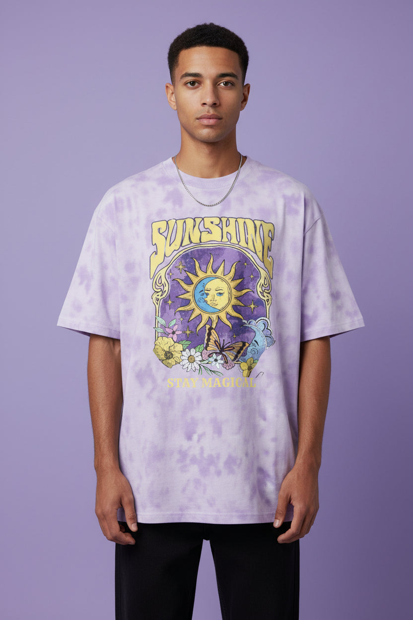 ZotRage oversized white and lavender tie-dye t-shirt with a celestial sun, moon, and butterfly graphic print.