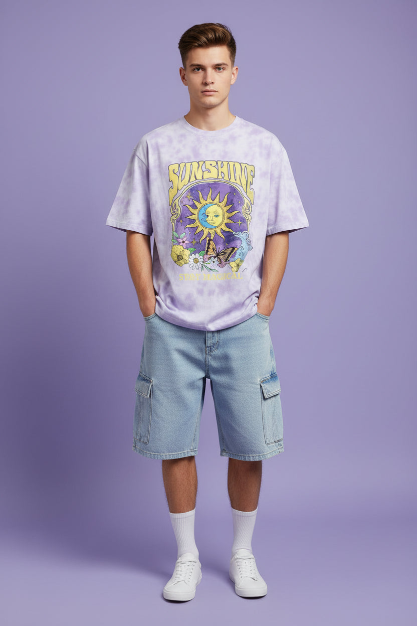 ZotRage oversized white and lavender tie-dye t-shirt with a celestial sun, moon, and butterfly graphic print.