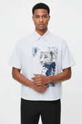 ZotRage boxy shirt in white with blue stripes featuring a detailed leopard and floral graphic print on the front