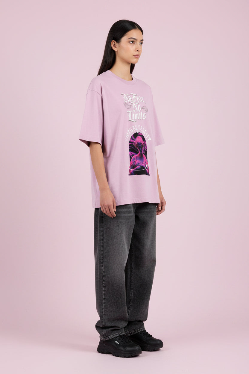 ZotRage light baby pink heavyweight cotton oversized t-shirt with No Fear No Limits graphic and statue print
