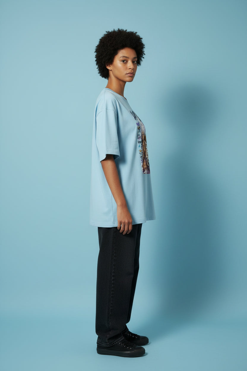 ZotRage baby blue oversized cotton t-shirt featuring a vibrant One Piece Gear 5 Luffy graphic print