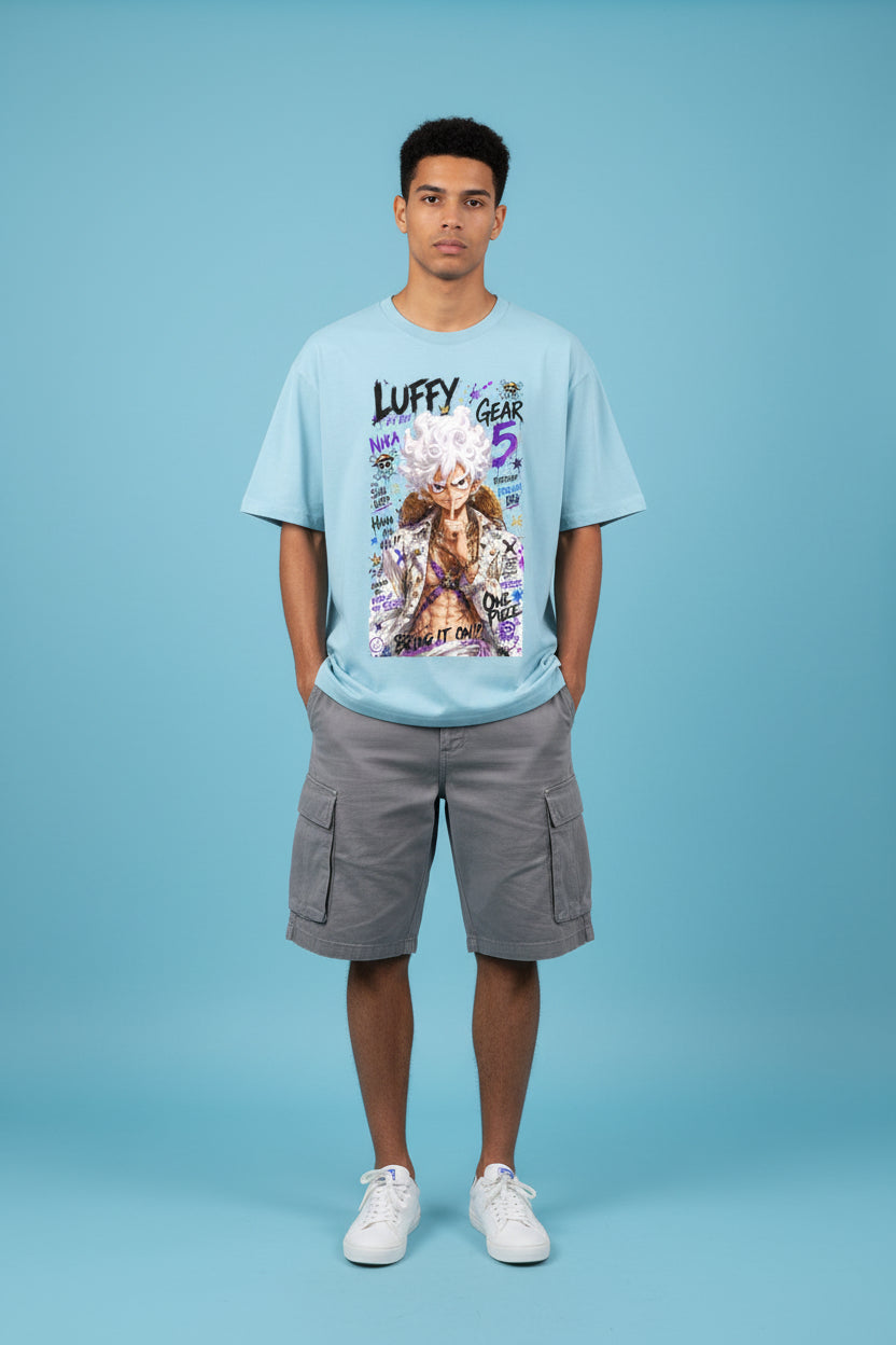 ZotRage baby blue oversized cotton t-shirt featuring a vibrant One Piece Luffy Gear 5 graphic print