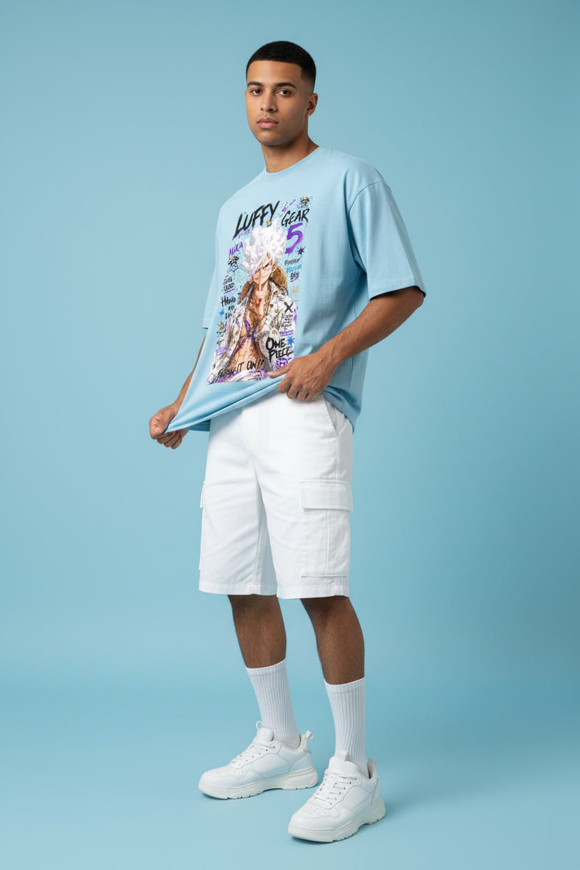 ZotRage baby blue oversized cotton t-shirt featuring a vibrant One Piece Luffy Gear 5 graphic print