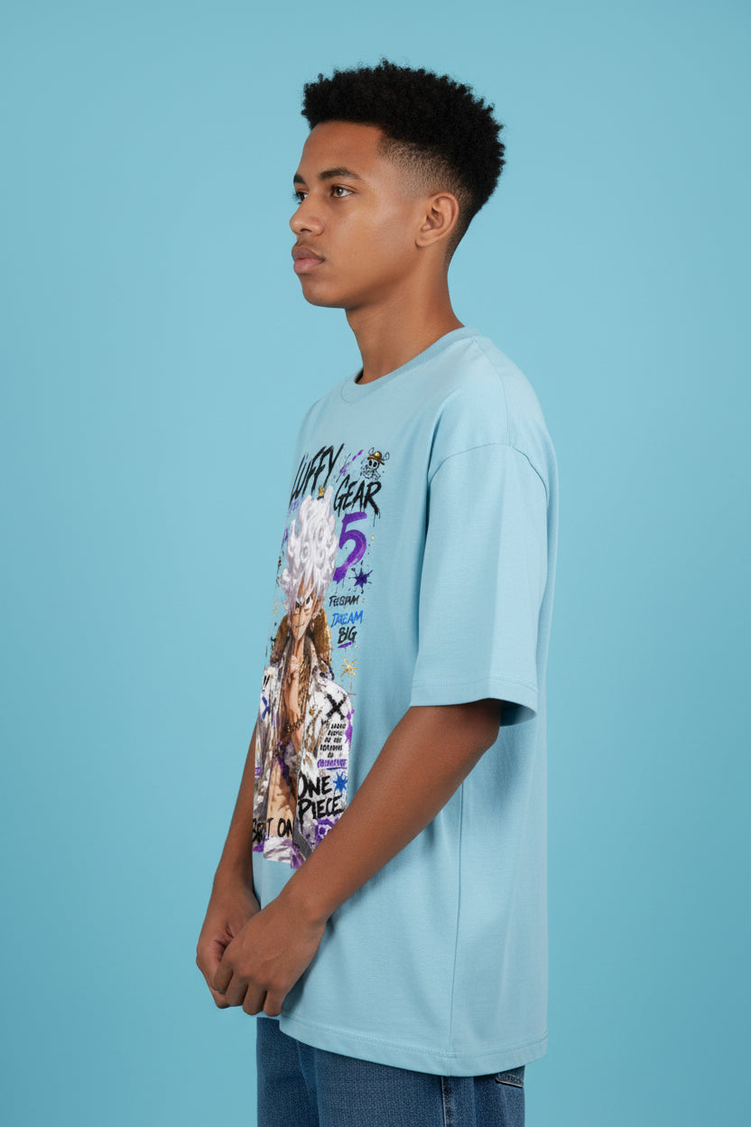 ZotRage baby blue oversized cotton t-shirt featuring a vibrant One Piece Gear 5 Luffy graphic print