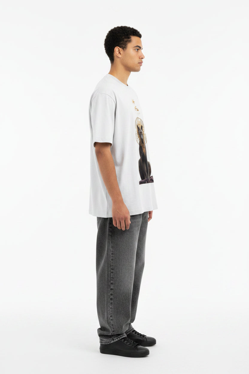ZotRage Maison Leopard white oversized t-shirt featuring a graphic print of a black panther with a golden crown.