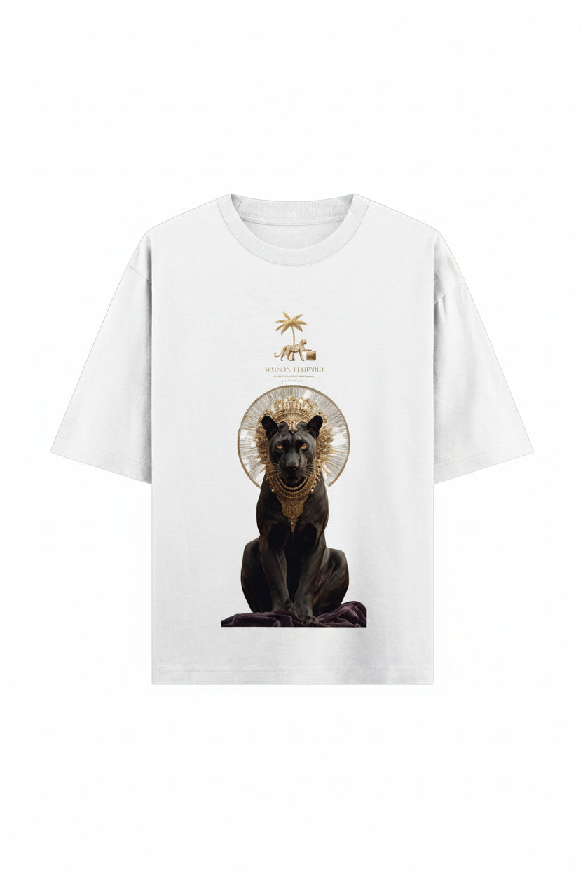 ZotRage Maison Leopard white oversized t-shirt featuring a graphic print of a black panther wearing a gold crown.