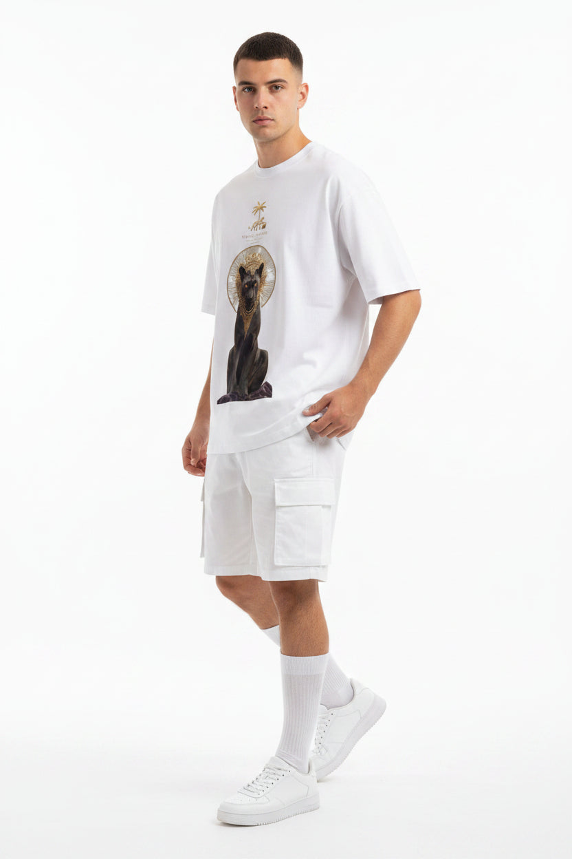 ZotRage Maison Leopard white oversized t-shirt featuring a graphic print of a black panther wearing a gold crown