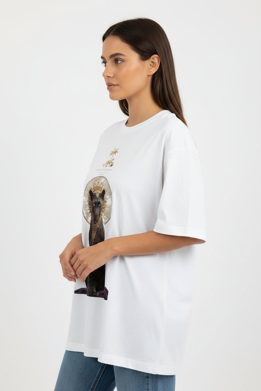 ZotRage Maison Leopard white oversized t-shirt featuring a graphic print of a black panther wearing a gold crown.