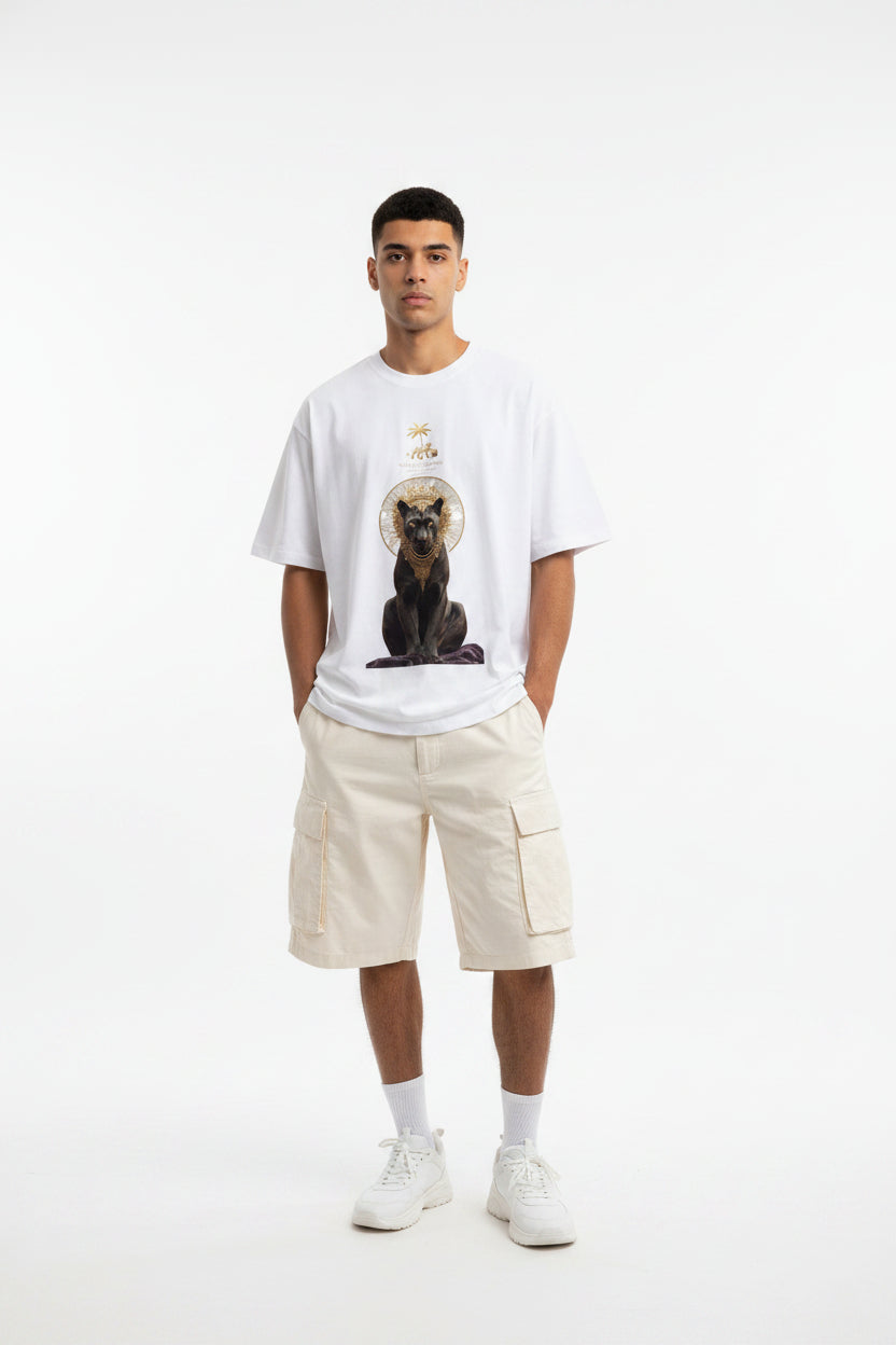 ZotRage Maison Leopard white oversized t-shirt featuring a black panther graphic with gold crown and palm tree print