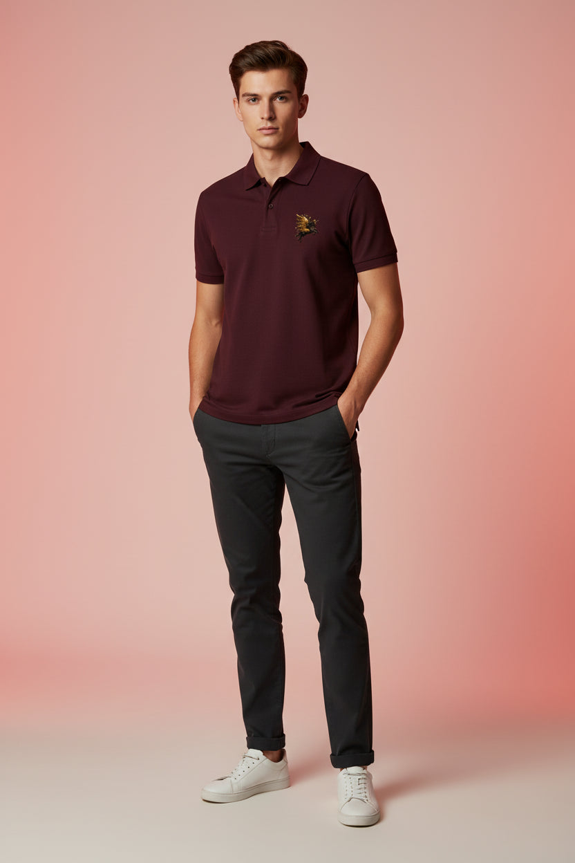 ZotRage maroon cotton polo shirt with a textured Airtex finish and a small golden horse logo on the chest.