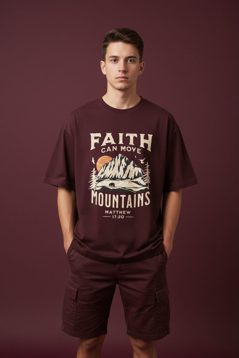 ZotRage maroon heavyweight cotton oversized t-shirt featuring a vintage mountain landscape graphic print