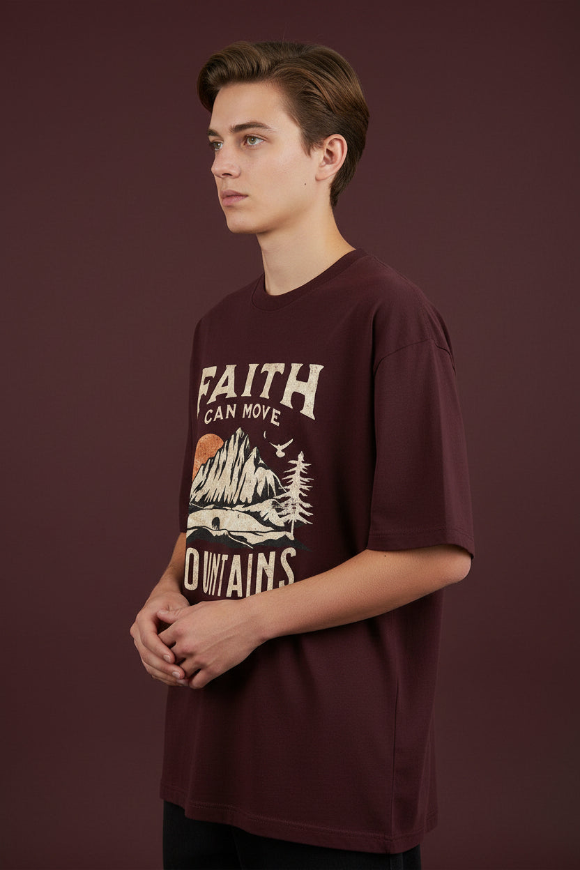ZotRage maroon heavyweight cotton oversized t-shirt featuring a vintage mountain landscape graphic print