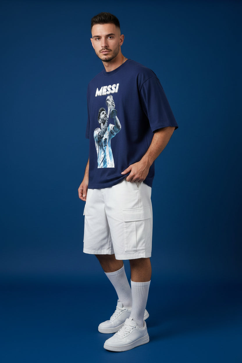 ZotRage royal blue oversized cotton t-shirt featuring a graphic print of Lionel Messi holding the World Cup trophy.