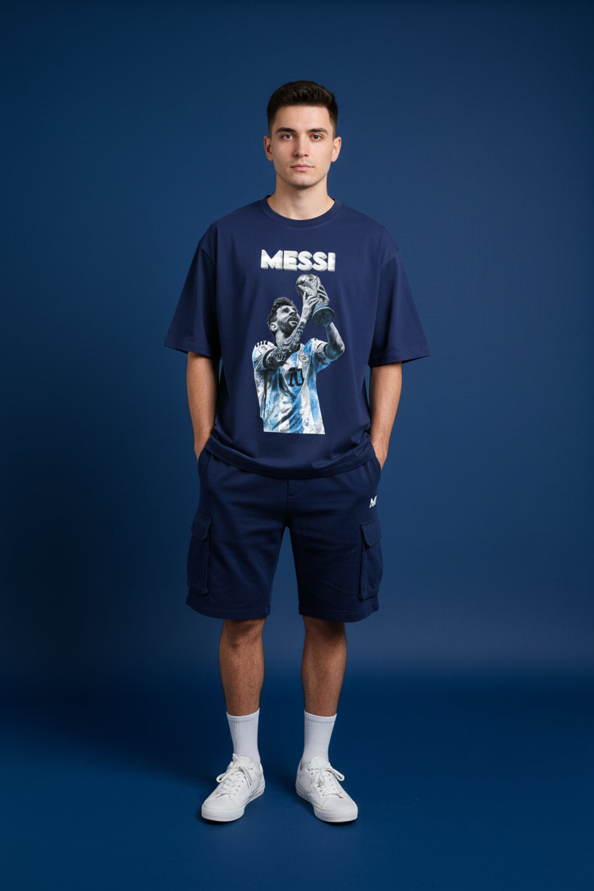 ZotRage royal blue oversized cotton t-shirt featuring a graphic of Lionel Messi holding the World Cup trophy