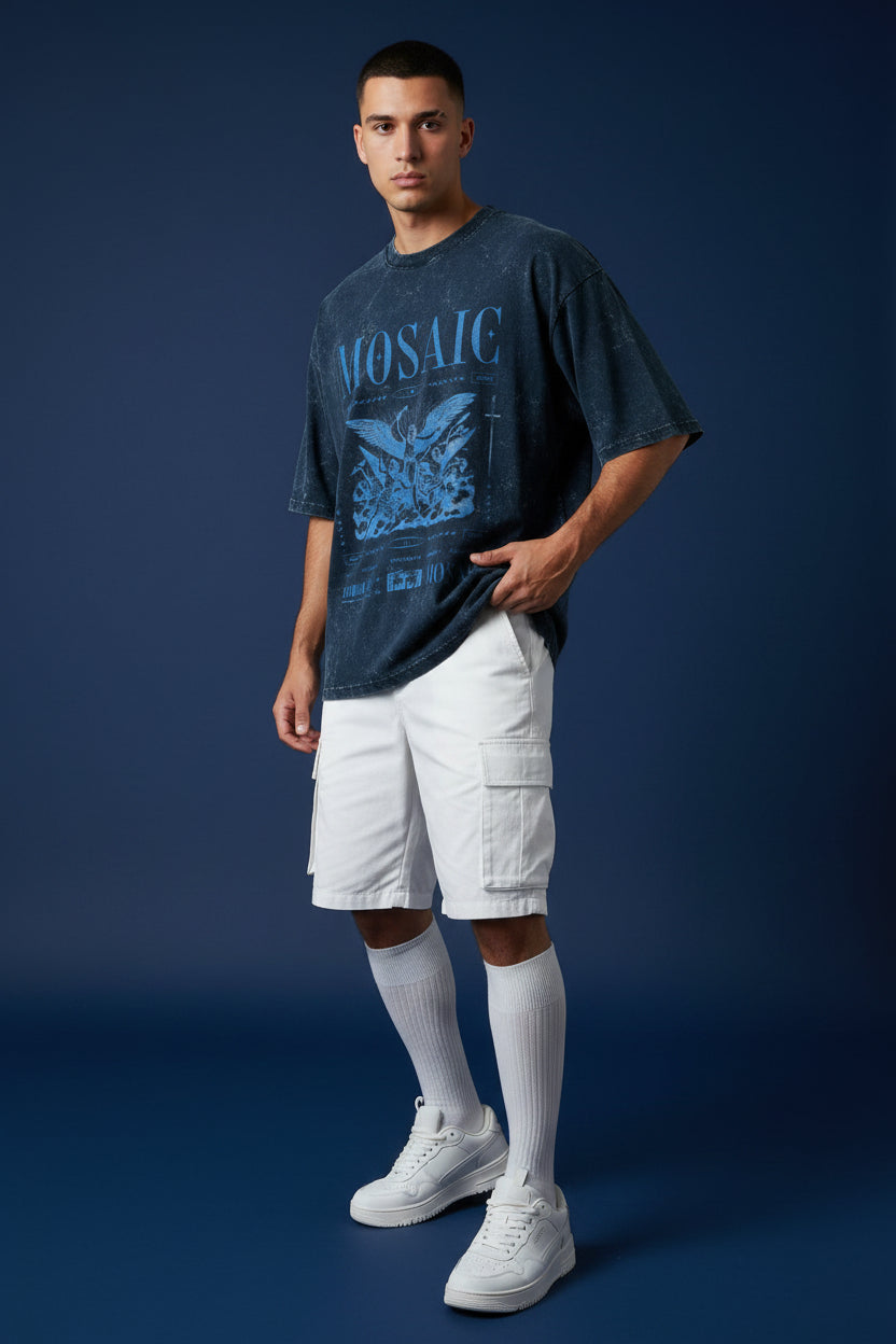 ZotRage oversized heavyweight cotton t-shirt in dark blue acid wash with a graphic Mosaic print on the front.
