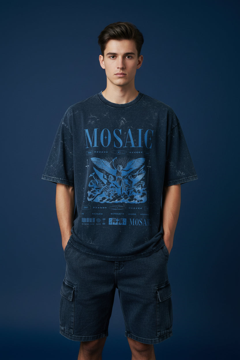 ZotRage oversized heavyweight cotton t-shirt in dark blue acid wash with a graphic Mosaic print on the front