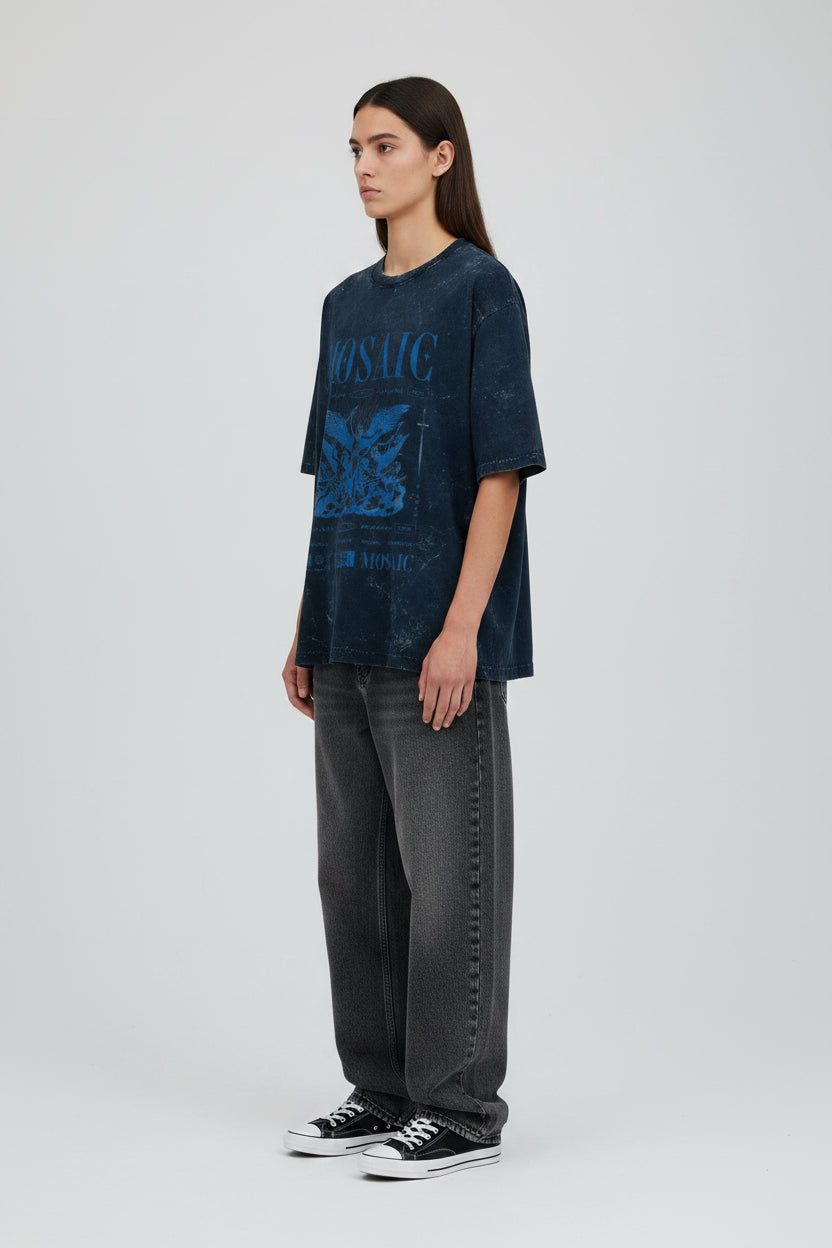ZotRage oversized heavyweight cotton t-shirt in dark blue acid wash with a graphic Mosaic print on the front