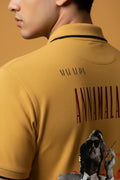 ZotRage mustard yellow cotton polo shirt with Annamalai movie graphic print on the back