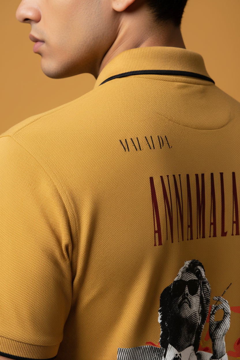 ZotRage mustard yellow cotton polo shirt with Annamalai movie graphic print on the back